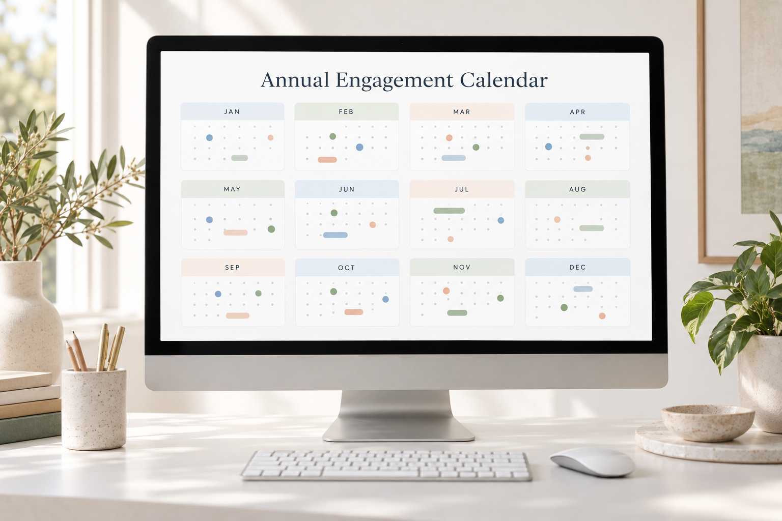 Illustrative desktop computer showing an annual engagement calendar